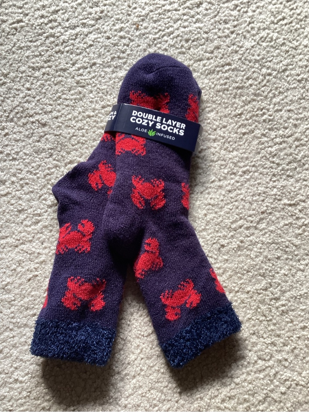 Double Layer Cozy Socks - Navy with Red Crabs Pattern